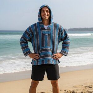 Baja Mexican Hoodie Blue Multi Color Stripes Surf Size M